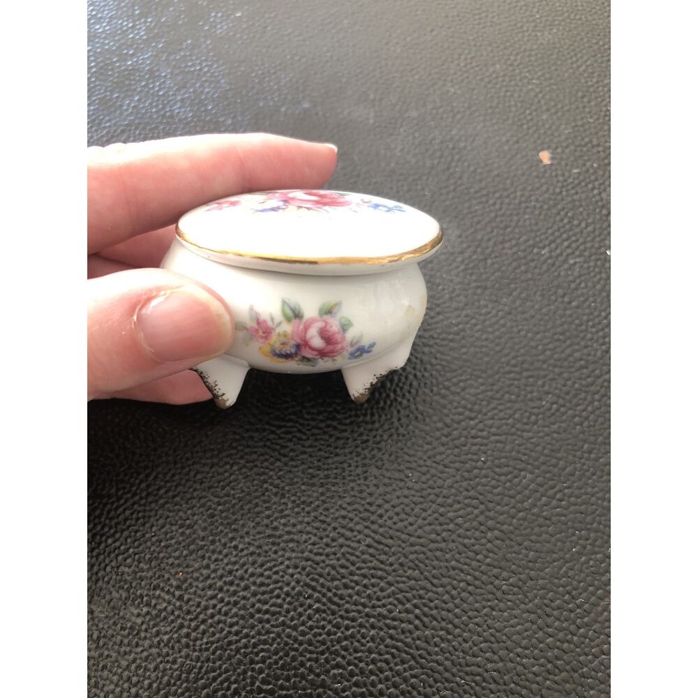 Vtg Crown West Hand Painted Footed Porcelain Trinket Box Pink Floral Flowers
